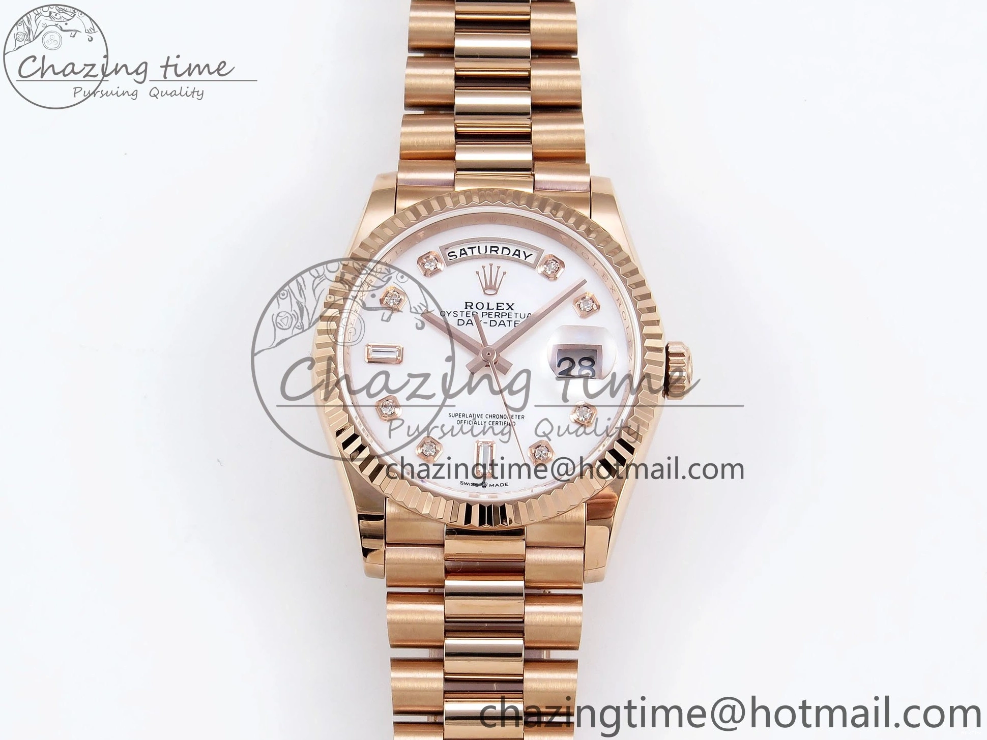 MiroTime 0209 OdorResistant Day Date 36 RG TWSF Best Edition White Diamonds Dial on RG Bracelet A 1610